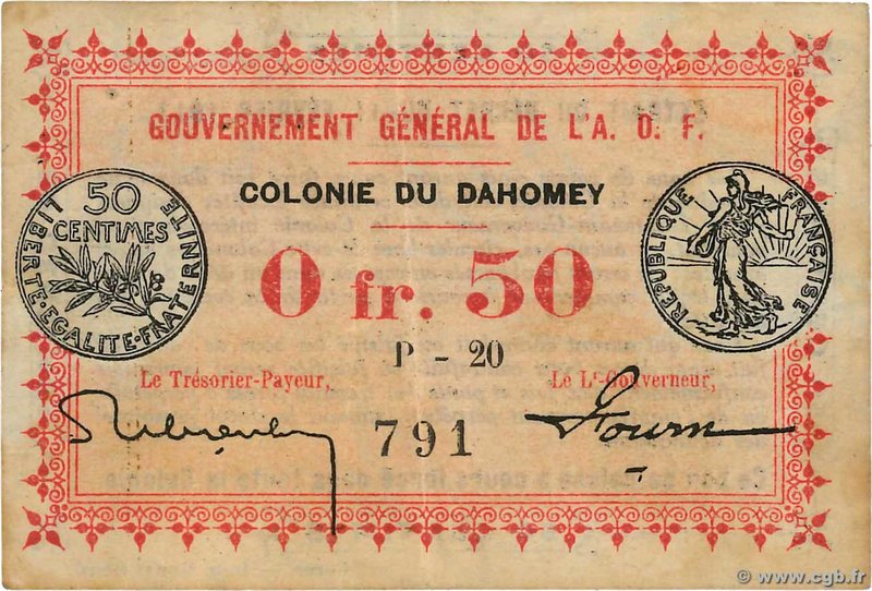 Country : DAHOMEY 
Face Value : 50 Centimes 
Date : 11 février 1917 
Period/P...