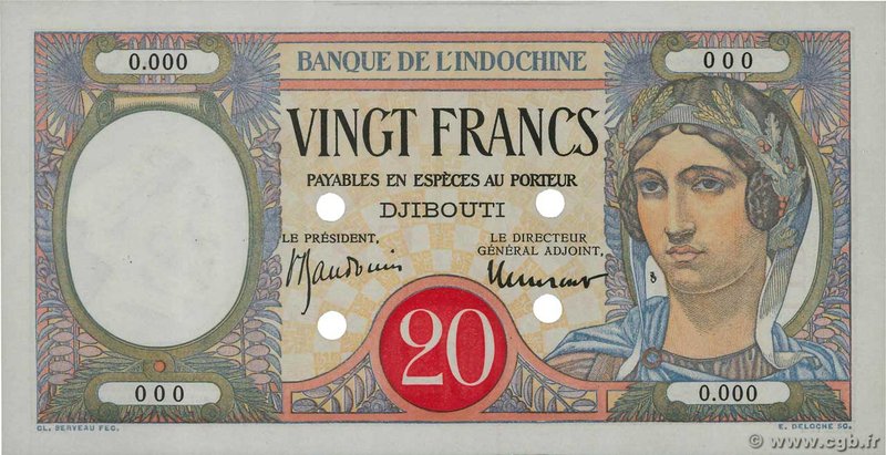 Country : DJIBOUTI 
Face Value : 20 Francs Spécimen 
Date : (1941) 
Period/Pr...
