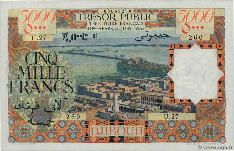 Country : DJIBOUTI 
Face Value : 5000 Francs 
Date : (1969) 
Period/Province/...