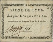 Country : FRANCE 
Face Value : 50 Sous 
Date : (1793) 
Period/Province/Bank : Assignats 
Catalogue reference : Kol.137var 
Commentary : Siège de ...