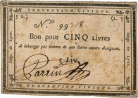 Country : FRANCE 
Face Value : 5 Livres 
Date : (1793) 
Period/Province/Bank : Assignats 
Catalogue reference : Kol.134 
Alphabet - signatures - ...