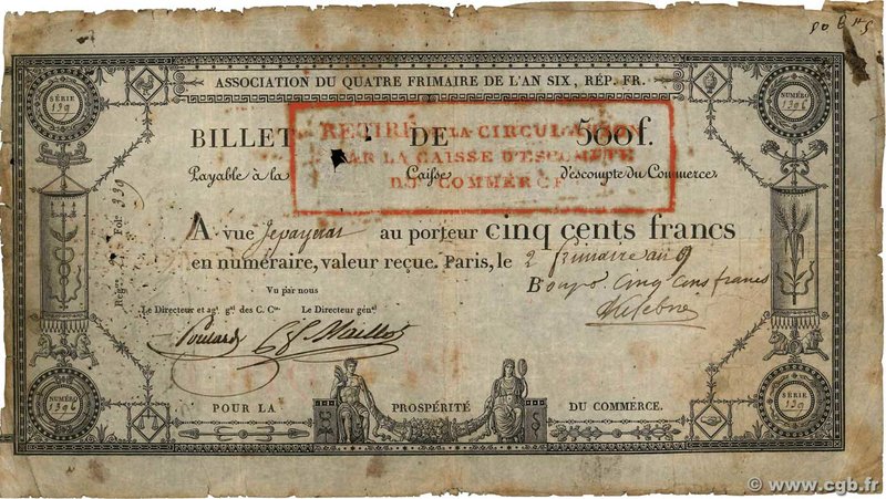 Country : FRANCE 
Face Value : 500 Francs Annulé 
Date : 1799 
Period/Provinc...