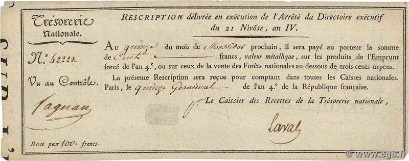 Country : FRANCE 
Face Value : 100 Francs 
Date : 11 janvier 1796 
Period/Pro...