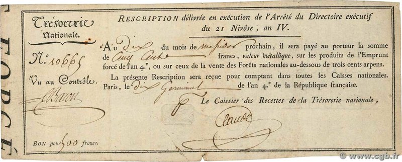 Country : FRANCE 
Face Value : 500 Francs 
Date : 11 janvier 1796 
Period/Pro...