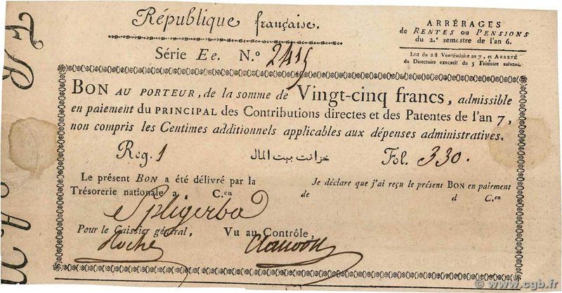 Country : FRANCE 
Face Value : 25 Francs 
Date : 1798 
Period/Province/Bank :...