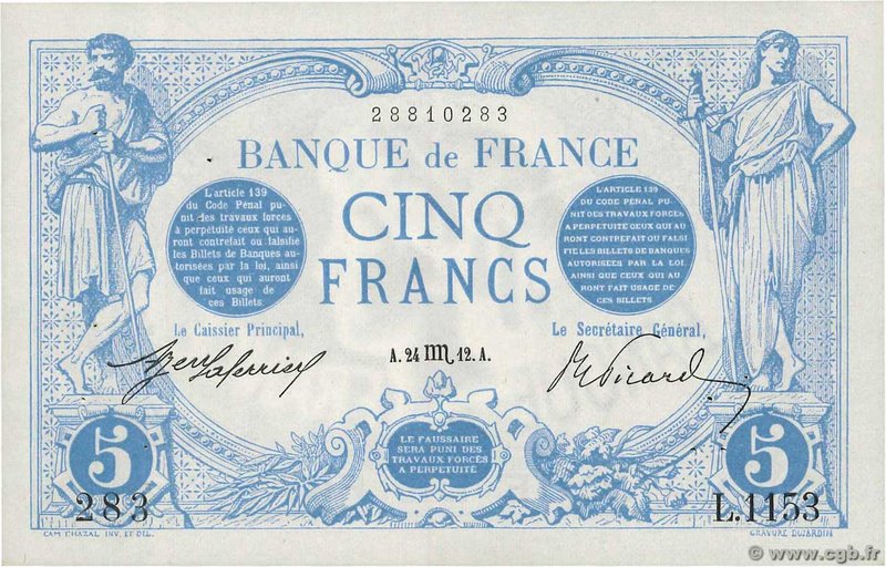 Country : FRANCE 
Face Value : 5 Francs BLEU 
Date : 24 octobre 1912 
Period/...