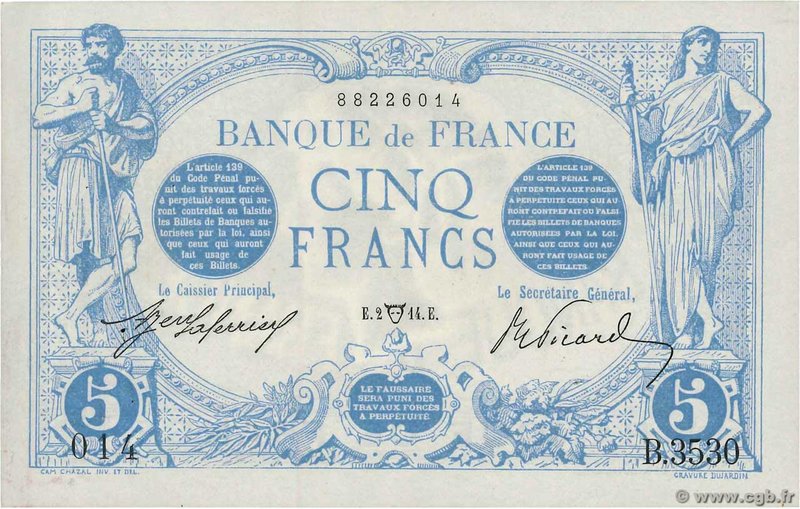 Country : FRANCE 
Face Value : 5 Francs BLEU 
Date : 02 avril 1914 
Period/Pr...