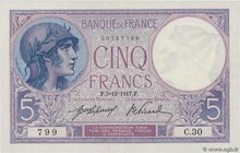 Country : FRANCE 
Face Value : 5 Francs VIOLET 
Date : 05 décembre 1917 
Period/Province/Bank : Banque de France, XXe siècle 
Catalogue reference ...
