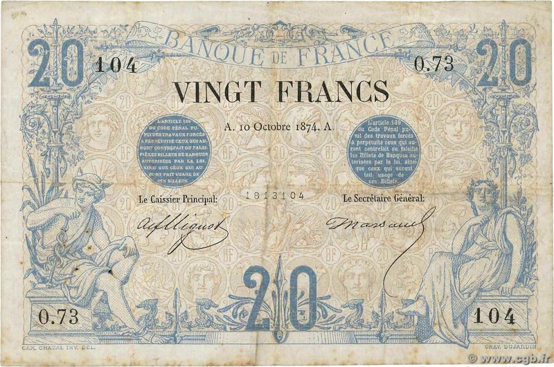 Country : FRANCE 
Face Value : 20 Francs NOIR 
Date : 10 octobre 1874 
Period...