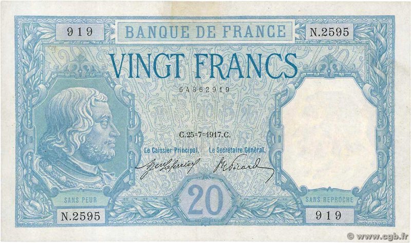 Country : FRANCE 
Face Value : 20 Francs BAYARD 
Date : 25 juillet 1917 
Peri...