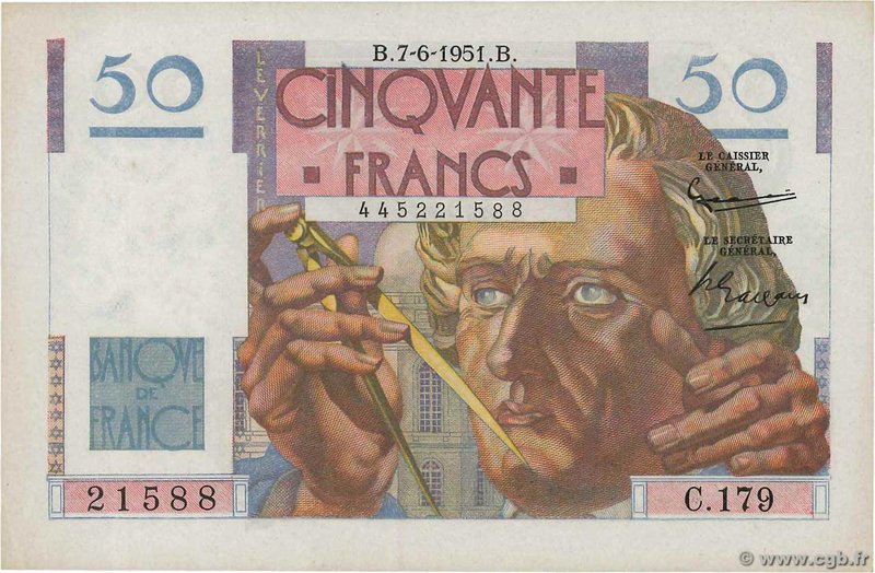 Country : FRANCE 
Face Value : 50 Francs LE VERRIER 
Date : 07 juin 1951 
Per...