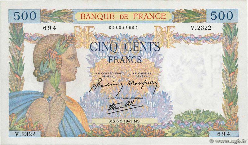 Country : FRANCE 
Face Value : 500 Francs LA PAIX 
Date : 06 février 1941 
Pe...