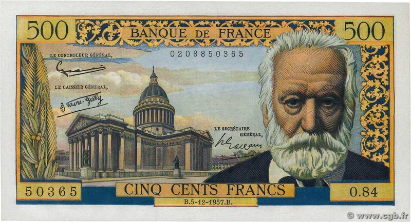 Country : FRANCE 
Face Value : 500 Francs VICTOR HUGO 
Date : 05 décembre 1957...