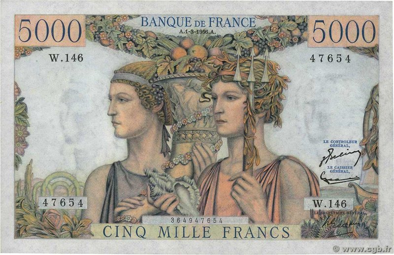 Country : FRANCE 
Face Value : 5000 Francs TERRE ET MER 
Date : 01 mars 1956 ...