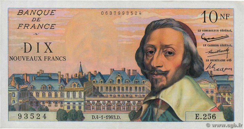 Country : FRANCE 
Face Value : 10 Nouveaux Francs RICHELIEU 
Date : 04 janvier...