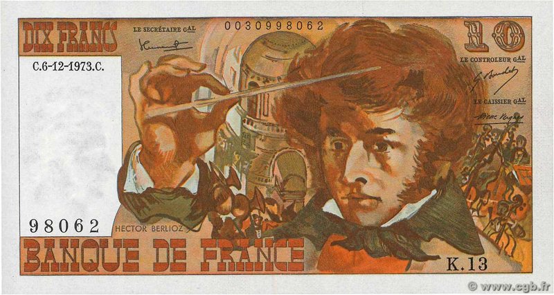 Country : FRANCE 
Face Value : 10 Francs BERLIOZ 
Date : 06 décembre 1973 
Pe...