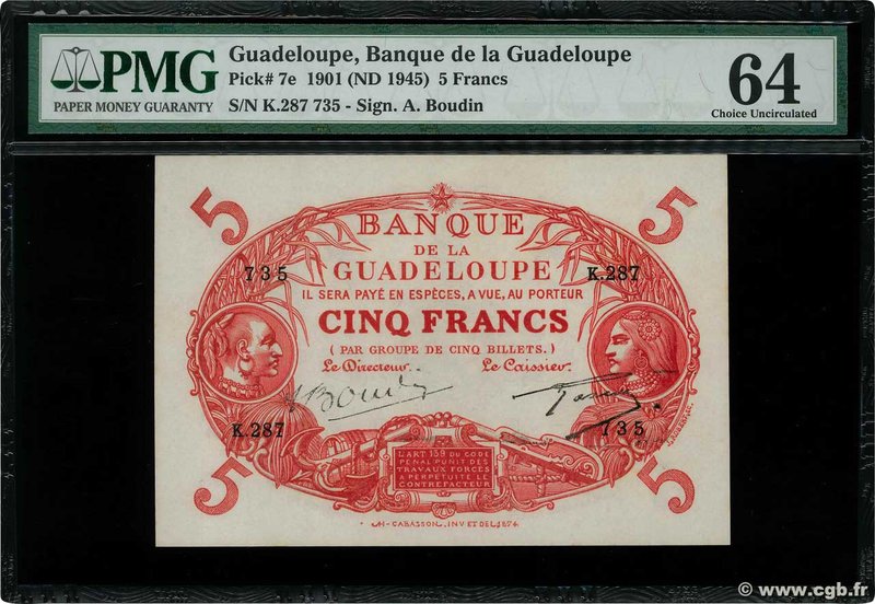 Country : GUADELOUPE 
Face Value : 5 Francs Cabasson rouge 
Date : (1945) 
Pe...