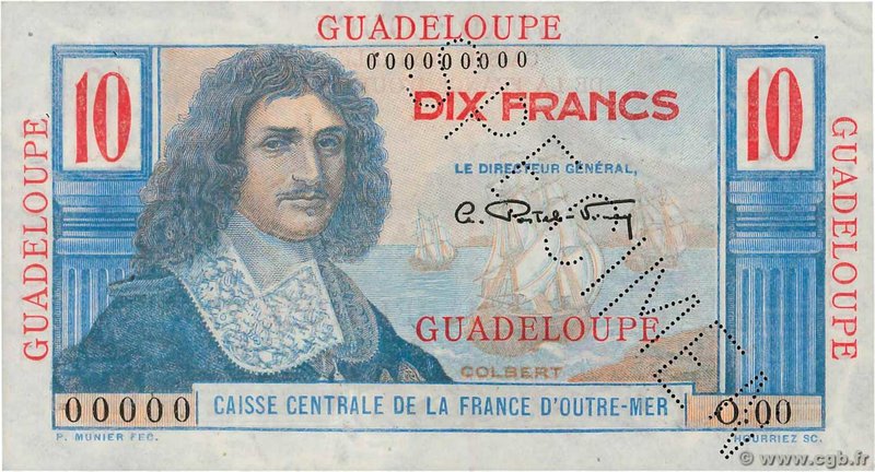 Country : GUADELOUPE 
Face Value : 10 Francs Colbert Spécimen 
Date : (1946) ...