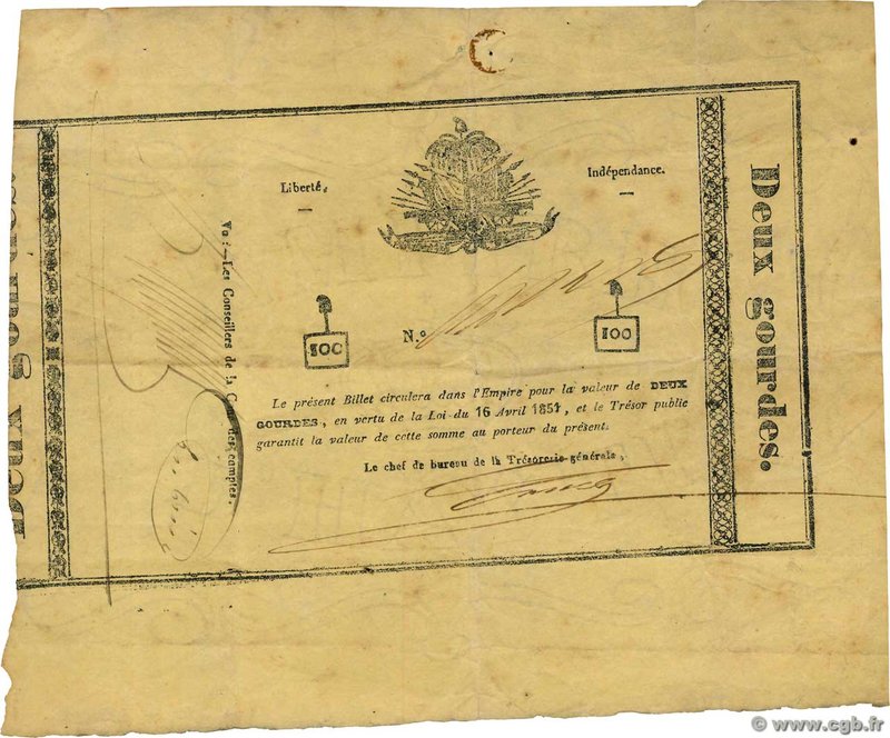 Country : HAITI 
Face Value : 2 Gourdes 
Date : 16 avril 1851 
Period/Provinc...