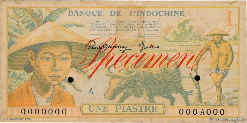 Country : FRENCH INDOCHINA 
Face Value : 1 Piastre Spécimen 
Date : (1949) 
P...