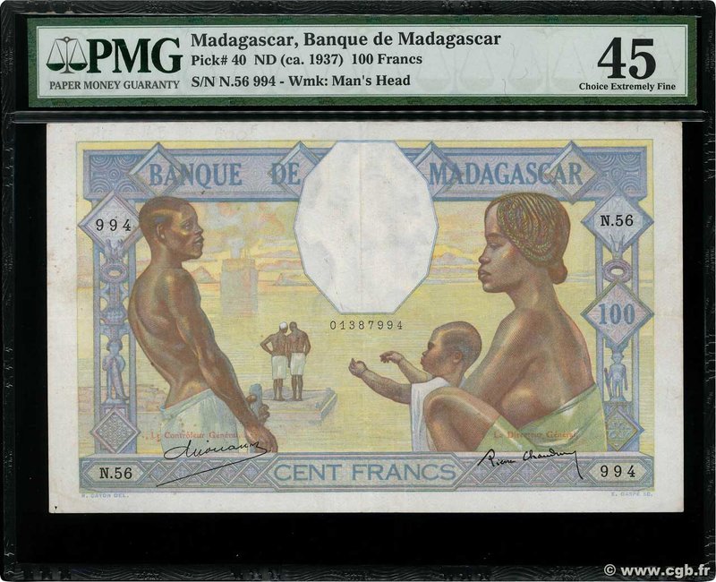 Country : MADAGASCAR 
Face Value : 100 Francs 
Date : (1937-1947) 
Period/Pro...