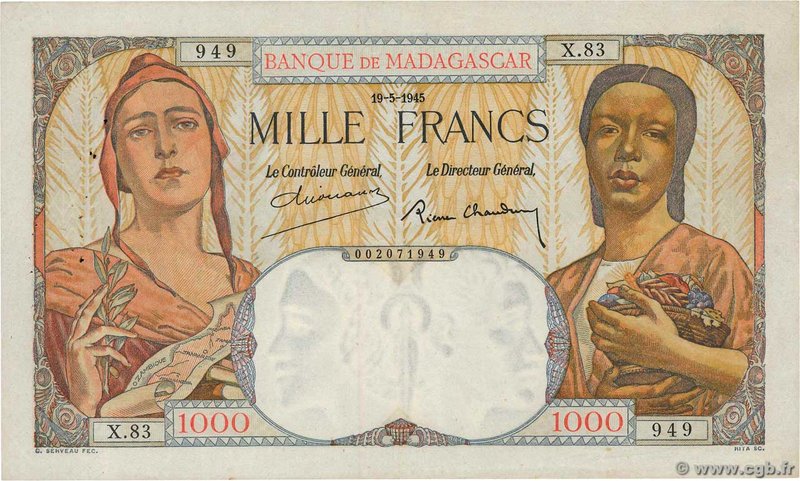 Country : MADAGASCAR 
Face Value : 1000 Francs 
Date : 19 mai 1945 
Period/Pr...