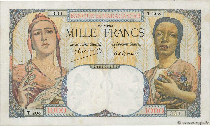 Country : MADAGASCAR 
Face Value : 1000 Francs 
Date : 28 décembre 1948 
Peri...