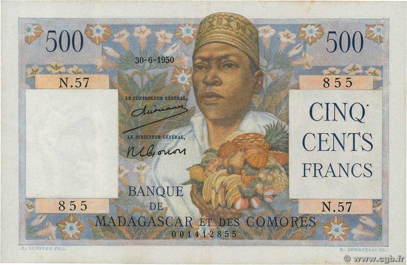 Country : MADAGASCAR 
Face Value : 500 Francs 
Date : 30 juin 1950 
Period/Pr...