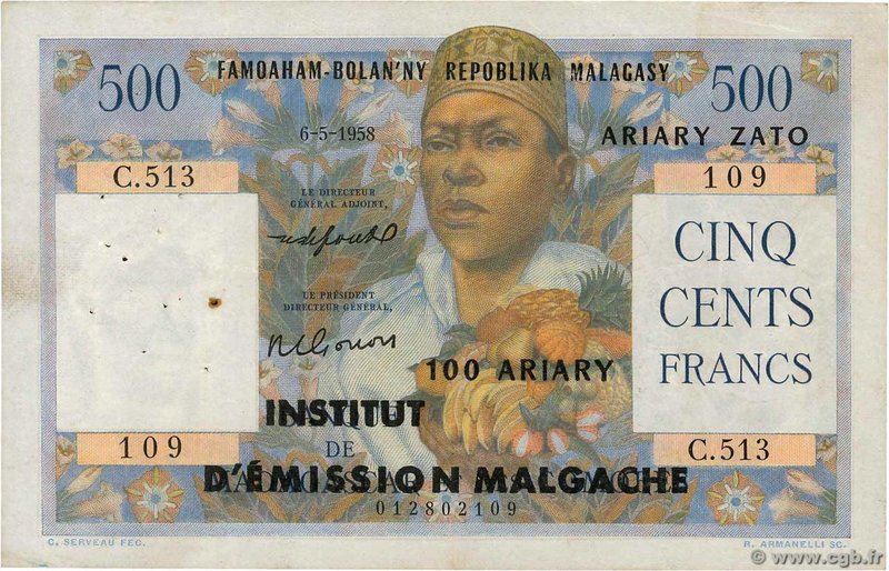 Country : MADAGASCAR 
Face Value : 500 Francs - 100 Ariary 
Date : 06 mai 1958...