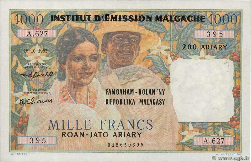 Country : MADAGASCAR 
Face Value : 1000 Francs - 200 Ariary 
Date : (15 octobr...