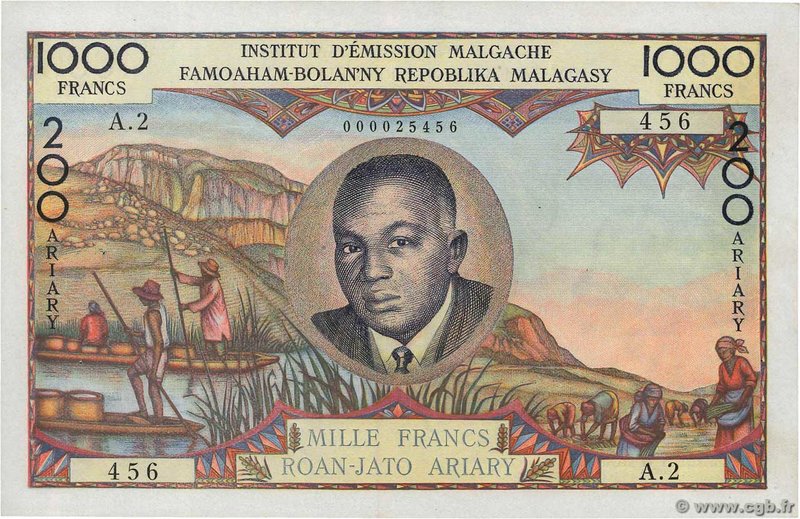 Country : MADAGASCAR 
Face Value : 1000 Francs - 200 Ariary 
Date : (1966) 
P...