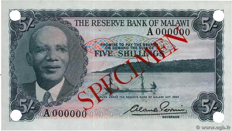 Country : MALAWI 
Face Value : 5 Shillings Spécimen 
Date : (1964) 
Period/Pr...