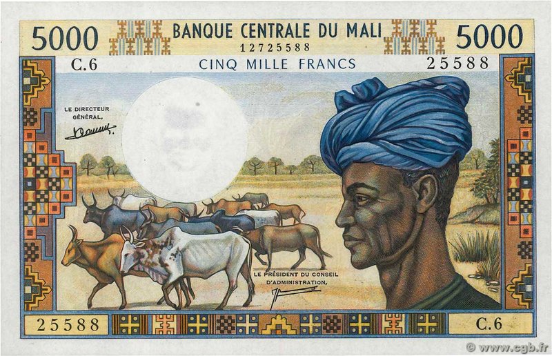 Country : MALI 
Face Value : 5000 Francs 
Date : (1972-1984) 
Period/Province...