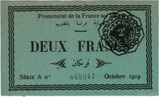 Country : MOROCCO 
Face Value : 2 Francs 
Date : octobre 1919 
Period/Province/Bank : Protectorat de la France au Maroc 
Catalogue reference : P.7...