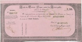 Country : NEW CALEDONIA 
Face Value : 100 Francs 
Date : 22 août 1871 
Period/Province/Bank : Traite 
French City : Nouméa 
Catalogue reference :...