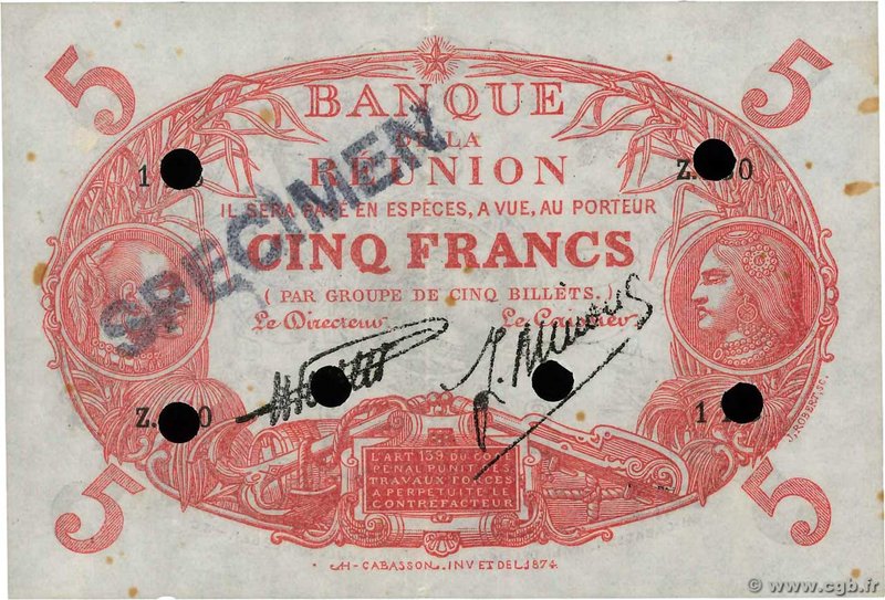 Country : REUNION ISLAND 
Face Value : 5 Francs Cabasson Spécimen 
Date : (193...