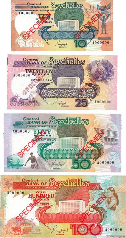 Country : SEYCHELLES 
Face Value : 10 à 100 Rupees Spécimen 
Date : (1989) 
P...