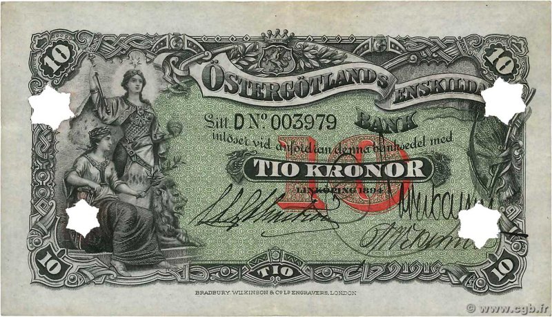 Country : SWEDEN 
Face Value : 10 Kronor 
Date : 1894 
Period/Province/Bank :...
