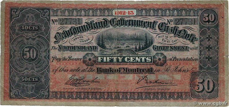 Country : NEWFOUNDLAND 
Face Value : 50 Cents 
Date : 1912-1913 
Period/Provi...