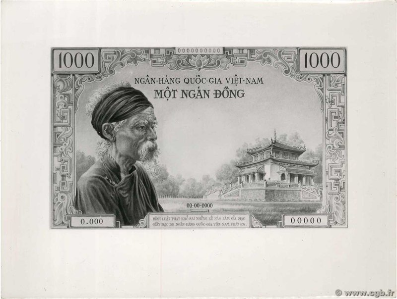 Country : SOUTH VIETNAM 
Face Value : 1000 Dong Photo 
Date : (1956) 
Period/...