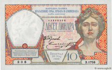 Country : YUGOSLAVIA 
Face Value : 10 Dinara 
Date : 26 mai 1926 
Period/Province/Bank : Banque Nationale du Royaume des Serbes, Croates et Slovène...