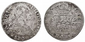 MONARQUÍA ESPAÑOLA. CARLOS IV. CARLOS IV. 2 Reales. AR. Sevilla CN. 1799. 5,82 g. CAL.1063. MBC-.