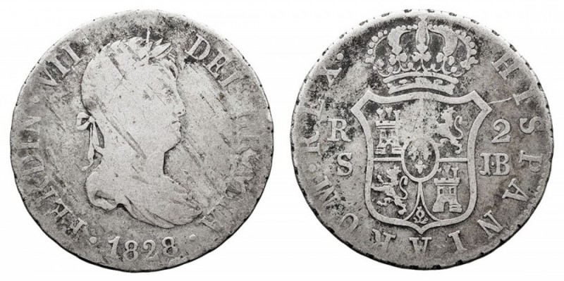 MONARQUÍA ESPAÑOLA. FERNANDO VII. FERNANDO VII. 2 Reales. AR. Sevilla JB. 1828. ...