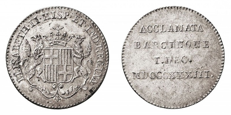 MONARQUÍA ESPAÑOLA. ISABEL II. ISABEL II. AR-20. Aclamación en Barcelona, 1 Dici...