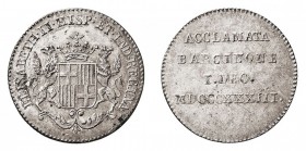 MONARQUÍA ESPAÑOLA. ISABEL II. ISABEL II. AR-20. Aclamación en Barcelona, 1 Diciembre 1833. H.6. Pátina de monetario antiguo. Escasa así. EBC.