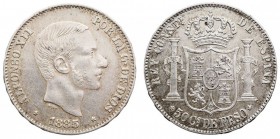 CENTENARIO DE LA PESETA. ALFONSO XII. ALFONSO XII. 50 Centavos de Peso. AR. Filipinas (Acuñadas en Madrid). 1885. 13,01 g. CAL.86. EBC-.