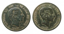CENTENARIO DE LA PESETA. ALFONSO XII. ALFONSO XII. 5 Céntimos. Barcelona OM. Lote de 2 monedas. AE. 1878 y 1879. MBC- a BC+.