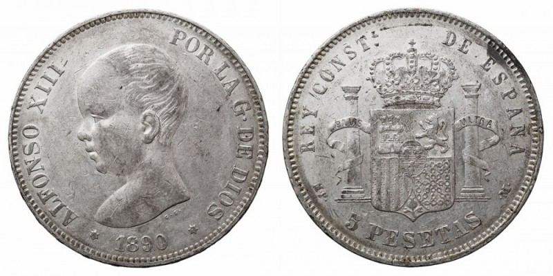 CENTENARIO DE LA PESETA. ALFONSO XIII. ALFONSO XIII. 5 Pesetas. AR. 1890 *18-90 ...