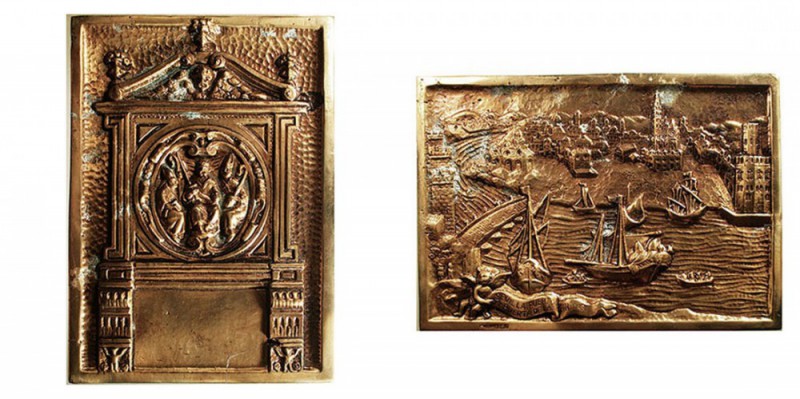 MEDALLAS. AE. Placa conmemorativa (10x13,7 cm.) Sevilla, Puerto y Puerta de Las ...