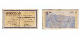 BILLETES. BILLETES LOCALES. BILLETES LOCALES. Castellfollit de la Roca (Gerona), C.M. 1 Peseta. 12 Junio 1937. Serie A. BC.